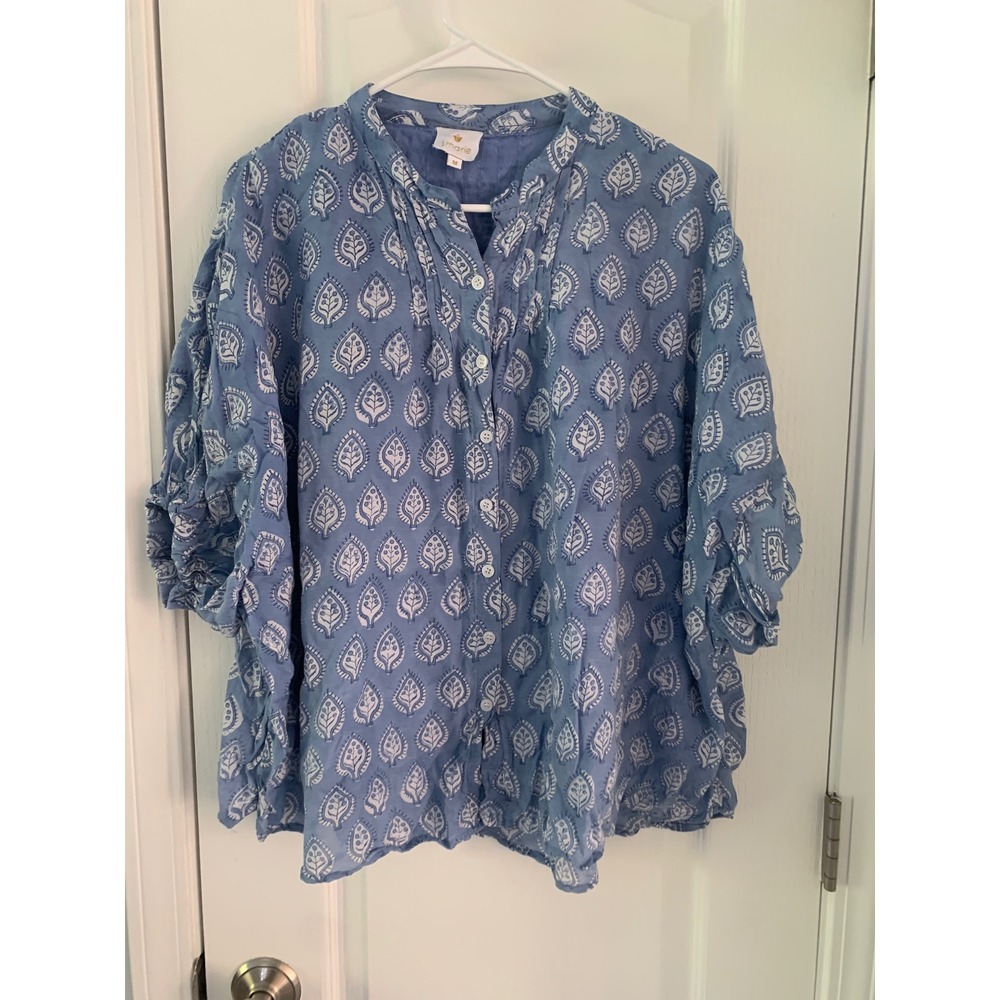 J.Marie Blue White Leaf Print Pleated Button Front Blouse Top Womens Medium Boho